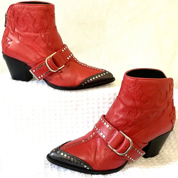 Zadig & Voltaire Cara Studded Ankle Boots Red Western Rockabilly  sz  38EU/7US - Picture 1 of 16